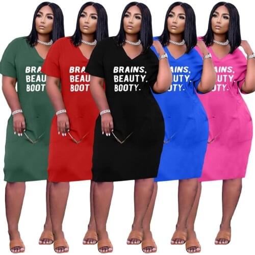 Summer Sexy V Neck Basic Dresses Letter Printed Pattern Short Sleeve Midi Maxi Dress Casual Loose Dress with Two Side Pockets
