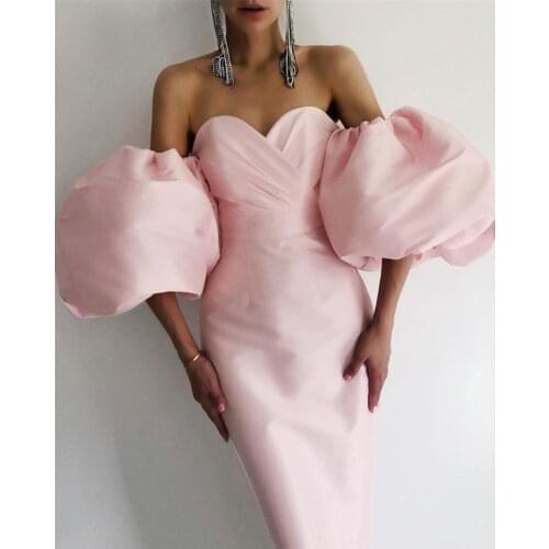 Vero Sinly Sexy Off Shoulder Puff Sleeve Black Pink Bodycon Women Bandage Dress 2020 Elegant Evening Party Dress Vestido