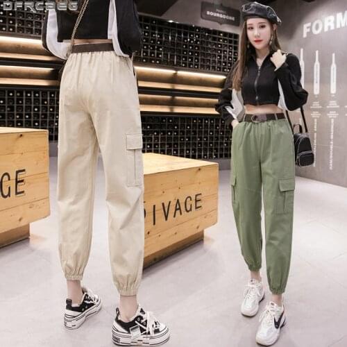 Casual Streetwear Cargo Baggy Pants Women 2020 Spring Stretch High Waist Pants Female Belt Loose Boyfriend Harem Ladies Trousers