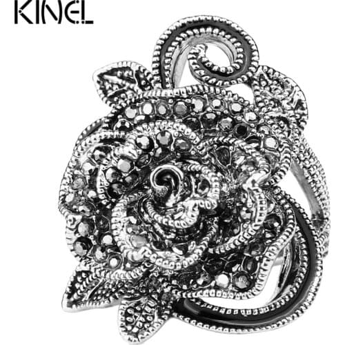 Luxury Gray Crystal Ring Silver Plated Vintage Jewelry Big Flower Shape Elegant Rings For Women Fashion 2016
