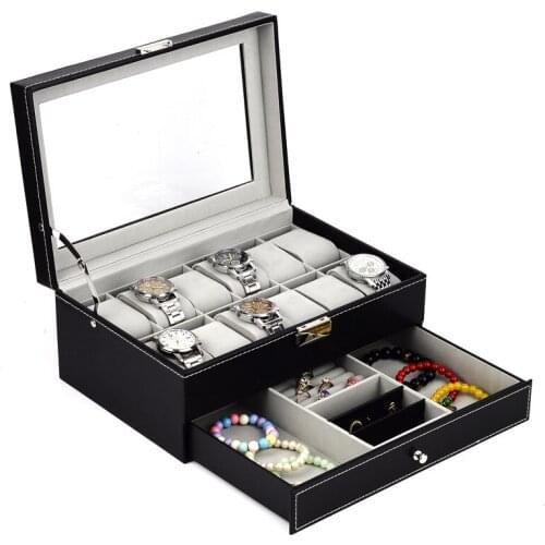 12 Slot Double-deck Luxury Watch Box Watch Case PU Leather with Glass Top Wristwatch Case Organizer Display Jewelry Boxes