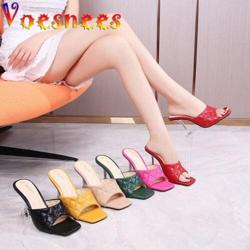 Tidal Current Candy Color Womens Slippers Fashion Plaid Upper Sexy Square End Peep Toe Sandals Summer Woman High-Heeled Shoes