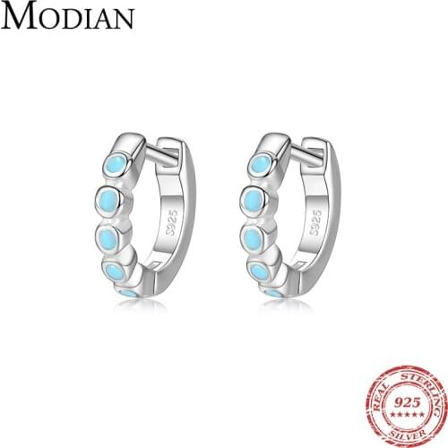 Modian Real 925 Sterling Silver Tiny Round Turquoise Charm Vintage Hoop Earrings For Women Silver Fine Statement Jewelry Gift