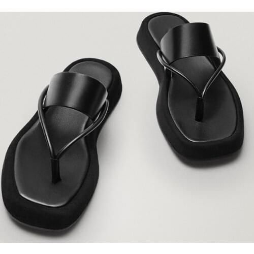 Black Genuine Leather Flip Flops Summer 2021 New Student Clip Foot Flat Bottom Sandalias Womens Slippers Fashion Beach Slides