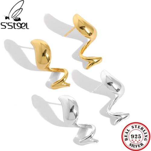 SSTEEL 925 Sterling Silver Korean Simple Water Drop Wavy Texture Smooth Design Gift For Women Stud Earring Accessories Jewelry