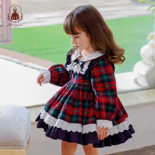 Yoliyolei Lolita Kids Dress Childrens Plaid Dress Doll Collar Lace Long-Sleeved Autumn and Winter Girls Casual Clothing