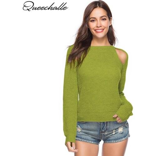 Green Womens Sweaters Tops Spring Ladies Full Sleeve Knitted Sweater Solid Sexy Hollow Out Strapless O-Neck Pullover And Jumper