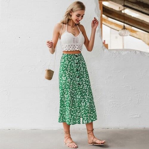 Women Bohemia Flowers Print Split Skirt Summer Elegant Holiday Chiffon Casual Skirt For Lady