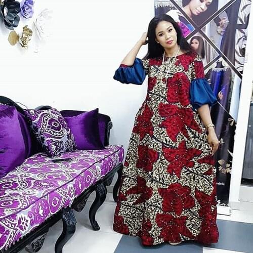 New Dashiki Dresses For Women Red Flowers Print Diamonds Flared Sleeve African Clothing Pullover Loose Maxi Dress Femme Robe
