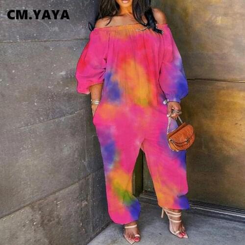 CM.YAYA Plus Size Tie Dye Off Shoulder Slash Neck Womens Haren Jumpsuit Streetwear Active Short Sleeve Romper Overalls Outfits