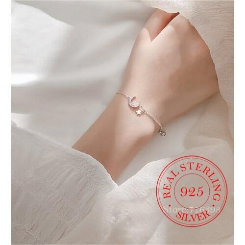 Sweet Moon Star Charm Bracelet 925 Sterling Silver Micro Cubic Zircon Pendant Bracelet For Women Gifts