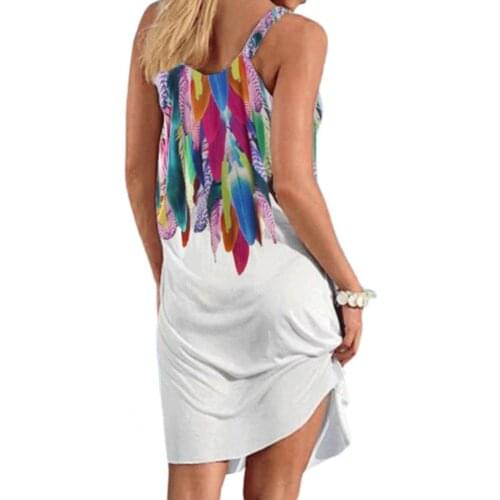 2021 Summer Women Sexy Office Feather Printing Sling Sleeveless U-neck Off Shoulder Mini Dress Sundress Beach