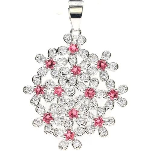 40x28mm Elegant Flowers Created Pink Raspberry Rhodolite Garnet Bright Zircon Gift For Women Wedding Silver Pendant