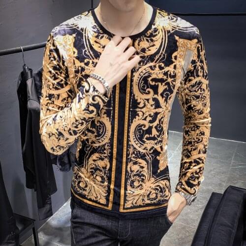 Streetwear Tops Tees Social Clothes Velvet Men Auntum T Shirt Long Sleeve Round Neck Tshirt Man Fashion Casual Slim T-shirts