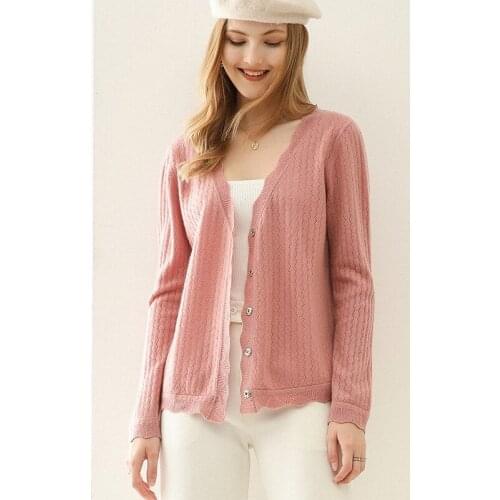 LHZSYY 2020 Spring And Autumn New 100% Pure Wool Cardigan Womens V-Neck Cashmere Sweater Hollow Knit Top Loose All-match Jacket