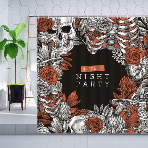 Creative Skeleton Halloween Shower Curtain Flowers Skull Black Decorative Wall Cloth Bathroom Curtains Polyester Bathtub Screen