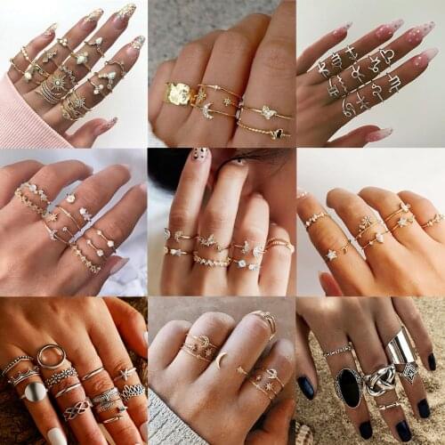Boho Vintage Star Knuckle Rings For Women Crystal Crescent Moon Flower Butterfly Constellation Geometric Finger Ring Set Jewelry