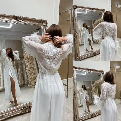 Feather White Night Robe Lace Appliqued Split Sleepwear Party Dress Floor Length Unqiue Nightgowns Robes