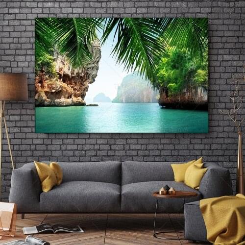 Phuket Thailand Tropical Sea Rock Island Formations Green Water Palm Trees Nature Landscape Cool Wall Decor Art Print Poster
