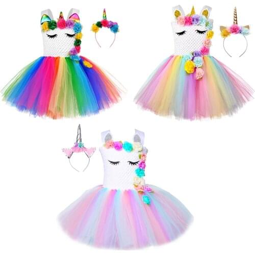 3 Design Rainbow Unicorn Dress Girls Tutu Outfit Kid Halloween Unicorn Costume with Headband Birthday Spring Recital Clothes