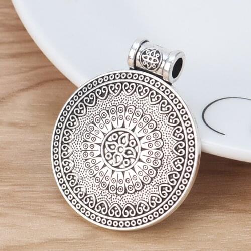 10PCS Bohemia Large Round Flower Antique Silver Color Charms Pendants for Necklace Jewelry Findings Making 40x30mm