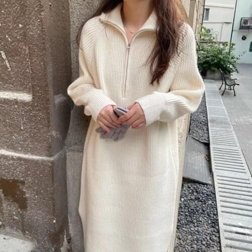 Casual Thicken Turtleneck Zippers Women Knitted Dress 2021 Autumn Winter Long Sleeve Side Split Female Sweater Dress Sweater