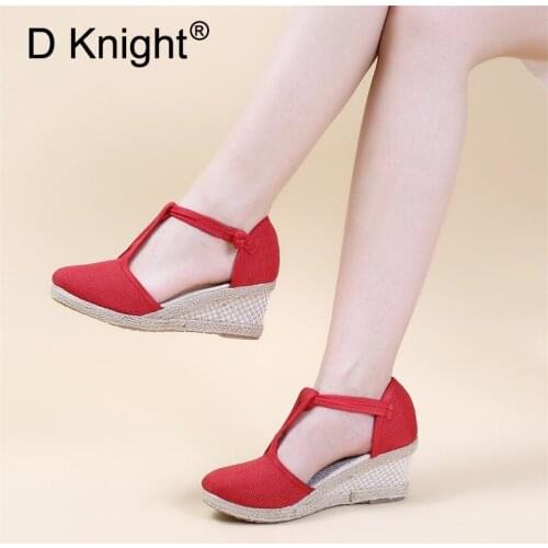 Vintage Casual Linen Canvas Wedge Espadrilles Sandals Summer Embroidered Ankle Strap High Heel Platform Pump Shoes Women Sandals