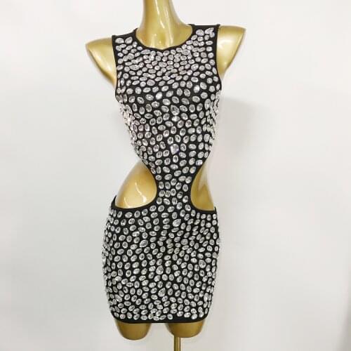 Silver Rhinestone Black Dress Hollow Big Stones Outfit Birthday Prom Evening Costume Sexy Women Dance Short Dress