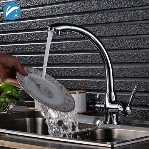 Solid Brass Crane Kitchen Faucet Swivel Drinking 360 Degree Rotation with Water Purification Features Double Handle 3 Way