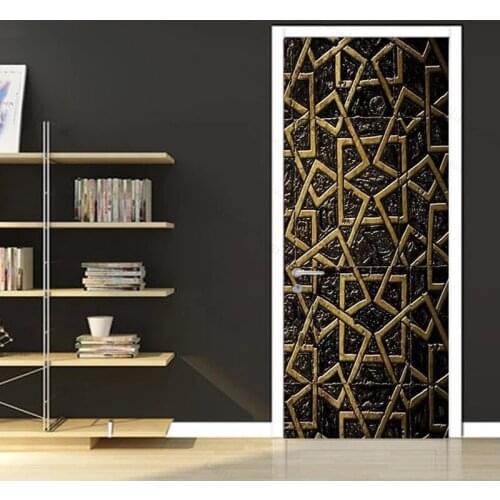 Modern Creative Black Gold Line Geometric Door Sticker 3D Stereo Pvc Self-Adhesive Waterproof Mural Wallpaper Living Room Decor