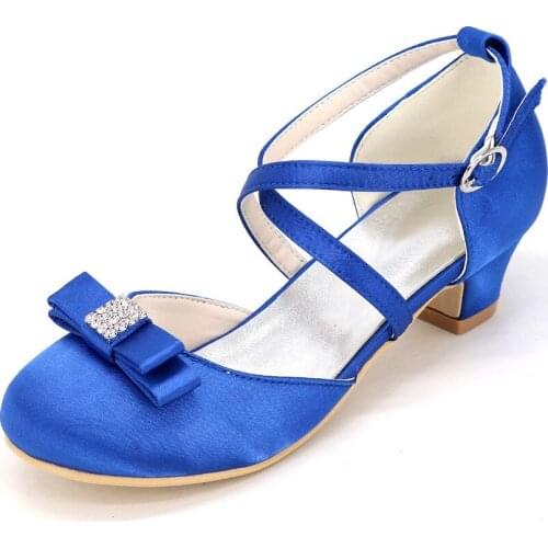 Crosss strap D'orsay girls satin square heel flower girl wedding dress shoes rhinestone bow rounded toe prom quinceanera heels