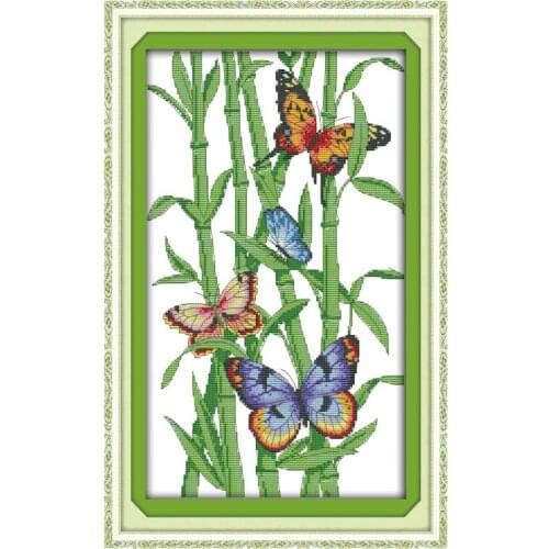 Joy Sunday Cross Stitch Butterflies and bamboos Simple Beginners Hand Embroidery 11&14CT Cross Stitch Counted Print on Canvas