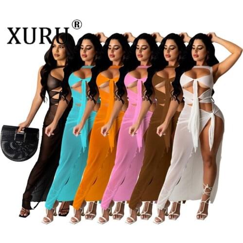 XURU European and American New Style Womens Dress Sexy Hollow Perspective Lace Mesh Sleeveless Dress