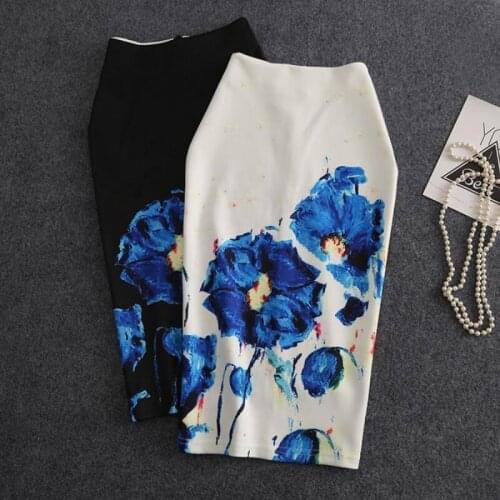 Elegant Printed Bag Hip Skirt2020 High Waist Slim Slit Mid-Length over-the-Knee Skirt Thin Elastic All-match Women Ink painting