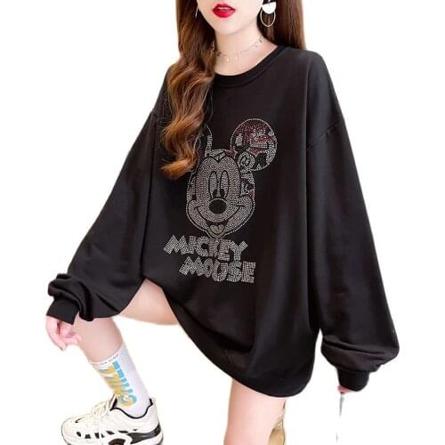 Disney M-2XL Oversize Mickey Mouse Rhinestone Sweatshirt for Women Autumn Long Sleeve Cotton Sudaderas Para Mujer with Diamond