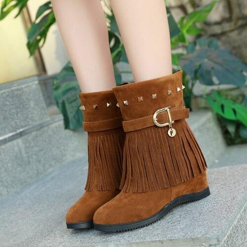 Weweya Spring Autumn Boho Ethnic Fringe Boots Women Tassel Boots Girls Height Increasing Rivet Buckle Knot Platform Shoes 35-43