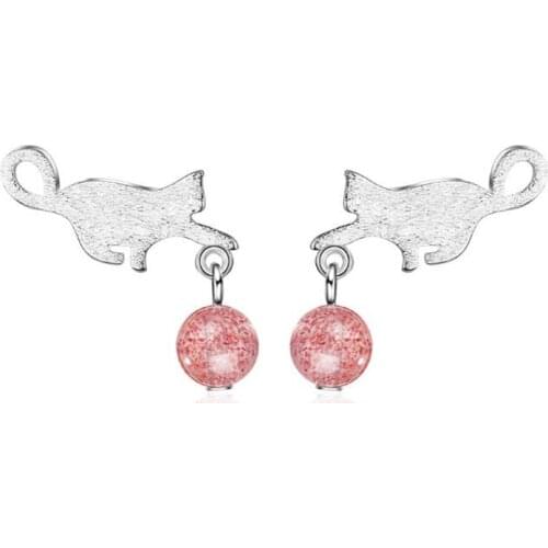 925 Sterling Silver Jewelry Strawberry Crystal Women Flash Fashion Brushed Kitten Cat Moonstone Ball Women Stud Earrings SE652