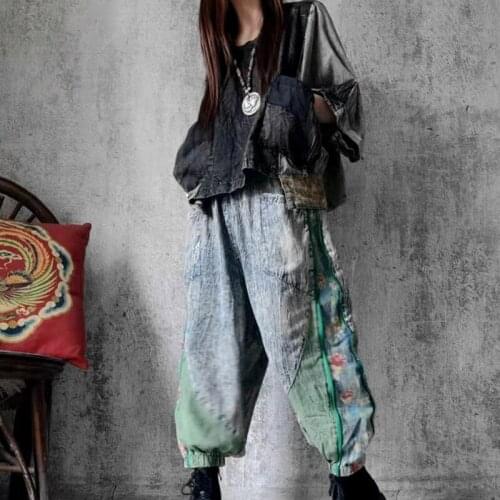QING MO Women Personality Set Denim Suit 2021 New Fashion Women Irregular Patchwork T Shirt + Floral Printed Pants ZQY7110