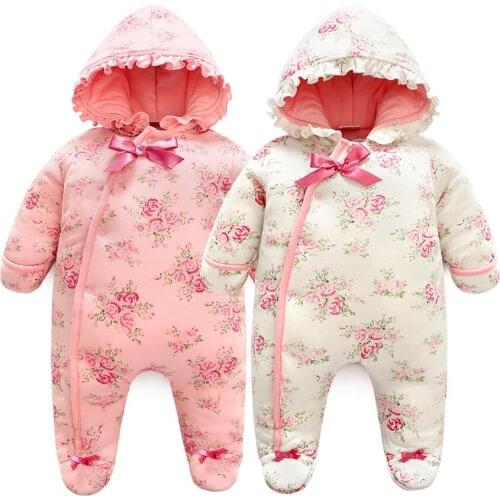 Winter baby girl romper warm Thicken floral Jumpsuit Hooded baby Clothing with princess style newborn girl clothes winter
