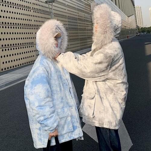 Fur collar tie dye winter clothes jackets for women jacket plus size clothing goth cotton tops couple coat Korean 2020 fashion