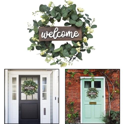 20 inch Welcome Sign Front Door Welcome Green Eucalyptus Wreath Artificial Flower Garland Wall Farmhouse Home Decorations