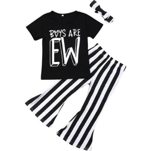 2019 Toddler Girls Clothes Set Summer Baby Kids Outfit Letter T-shirt+Striped Flare Pants+Headband 3pcs Children Clothing Set