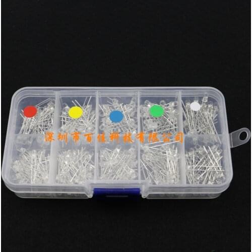 300Pcs 3mm transparent (red, green, yellow, white and blue) LED light-emitting diode LED lamp beads transistor box set