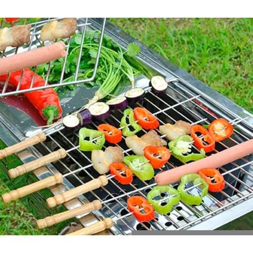 6PCS Stainless Steel BBQ Roast Barbecue Skewer Grill Kebab Needles Stick Wood Handle Barbecue needles Outdoor BBQ Needle Tools