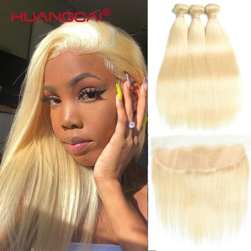 #613 Blonde Bundles Brazilian Straight Hair 3 Bundles with Lace Frontal Closure Blond Human Hair Weave with Closure Remy