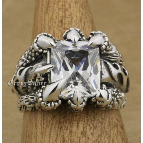 925 Sterling Silver Huge Dragon Claw White CZ Stone Mens Biker Rocker Punk Ring 8T302 US Size 7~15