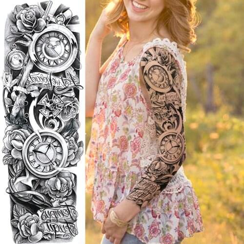 Sketch Rose Clock Temporary Flower Tattoos For Men Women Body Art Full Arm Tatoos Water Transfer Realistic Fake Tattoo Stickers