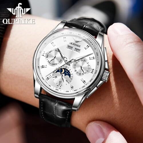 OUPINKE Business Mens Mechanical Watch Moon Phase Sapphire Multifunctional Automatic Watch Leather Bracelet Male Clock 2021