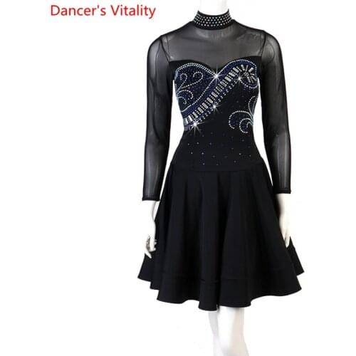 Customized New Latin Dance Dress Women Girls Rumba Salsa Cowboy Dance Competition Dresses Rhinestones Mesh Long Sleeve