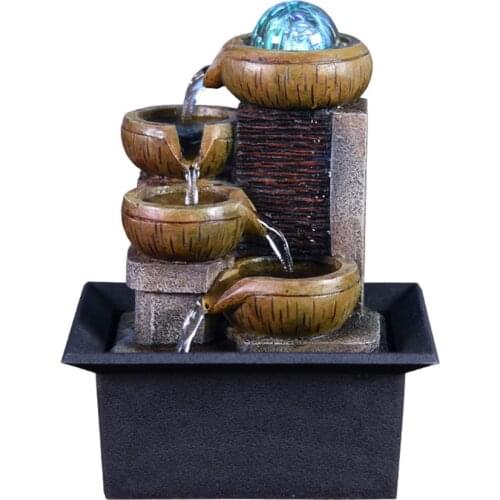 Chinese Style Small Relaxation Waterfall 3-Step Little Water Fountain with LED Ball for Office Room Decor Feng Shui Fountain